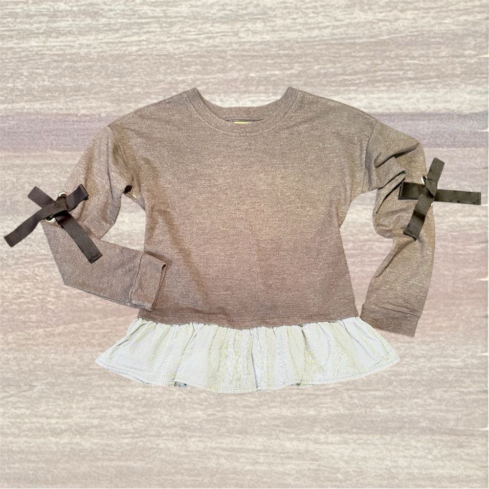 Roebuck & Co 2-n-1 Sweater Top | Bow Sleeve | Ruffle Hem Shirt Tail | Girls 10